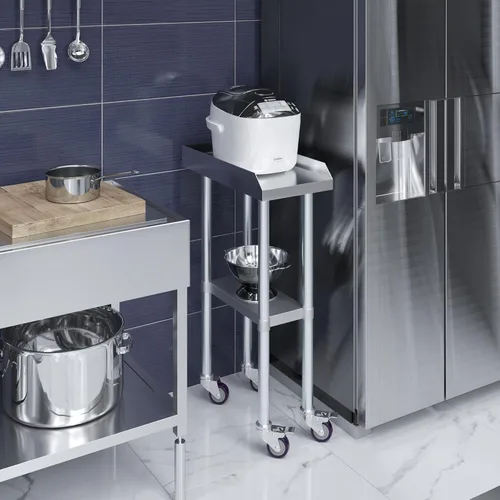 Vista 4 de AmGood Mesa de trabajo comercial con protector contra salpicaduras y salpicaduras laterales con ruedas NSF