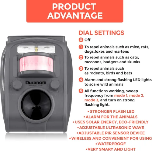 Vista 3 de DURANOM - Repelente ultrasónico de animales, disuasorio solar para exteriores con luz intermitente y sensor de movimiento, repele ciervos, gatos