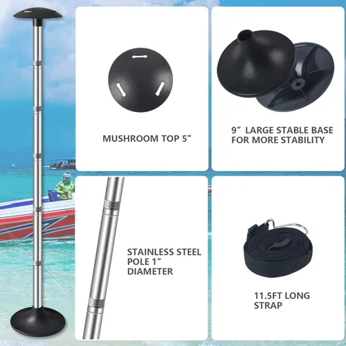 Vista 5 de Paquete de 2 postes de soporte para cubierta de barco, postes de soporte ajustables de acero inoxidable resistente con correas, 13.4 a 60.6