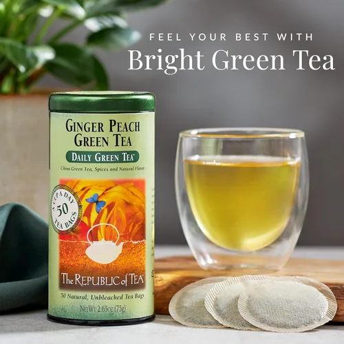 Vista 2 de The Republic of Tea - Té verde con jengibre y melocotón, 50 bolsas de té, lata Té de frutas con sabor Con cafeína