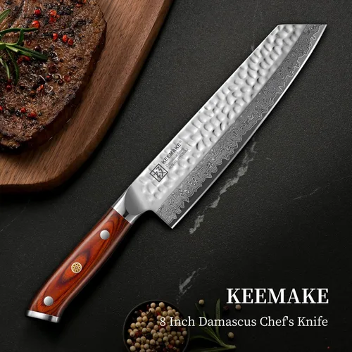 Vista 7 de KEEMAKE Kiritsuke Cuchillo de chef, cuchillo de cocina japonés de Damasco de 8 pulgadas con mango ergonómico de madera de Pakkawood, cuchillo