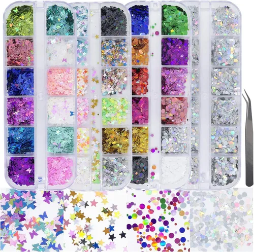 AddFavor 4 cajas holográficas de lentejuelas para uñas, formas mixtas iridiscentes con purpurina para uñas, copos de mariposa, corazones, estrella,