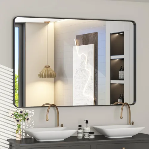 Vista 29 de Espejo rectangular para pared de baño de 20x30 pulgadas con marco negro mate, espejo de tocador con esquinas redondeadas, espejo de baño de metal