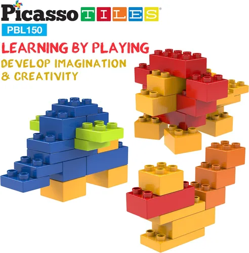Vista 4 de PicassoTiles Juego de 150 piezas de bloques de construcción de ladrillos de construcción grandes, juego de ladrillos STEM, juego de aprendizaje
