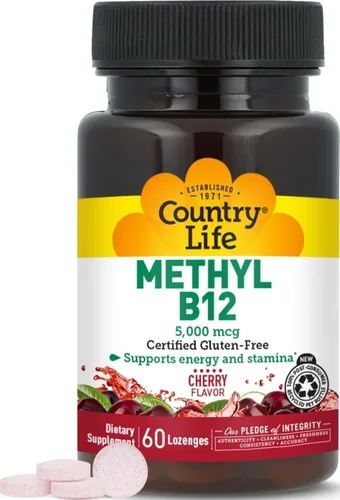 Country Life Metil B12, soporta energía y resistencia, 5,000 mcg, 60 pastillas, certificado sin gluten, certificado vegano, certificado sin OMG
