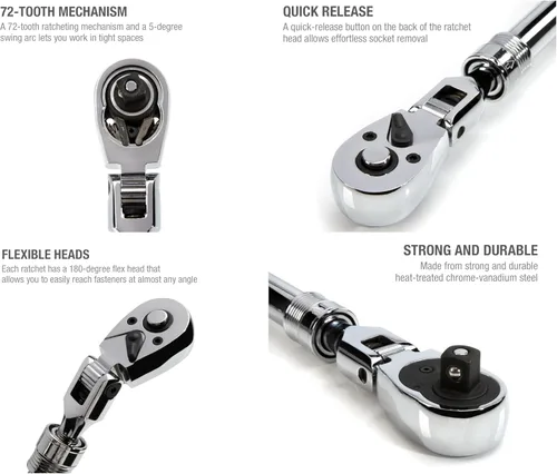 Vista 4 de Steelman Pro Trinquete de cabeza flexible extensible de accionamiento de 1/2 pulgada de 72 dientes (13.5-19 pulgadas de longitud), acero