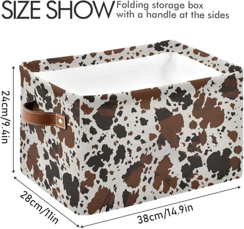 Vista 4 de xigua Cesta de almacenamiento rectangular de lona con estampado de vaca con asas para el hogar, oficina, libros, guardería, juguetes para niños
