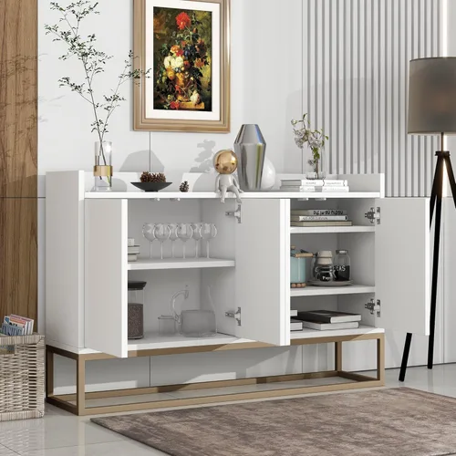 Vista 20 de LUMISOL Armario de almacenamiento moderno con puertas y base de metal, aparador de cocina de madera con estantes ajustables para espacios pequeños