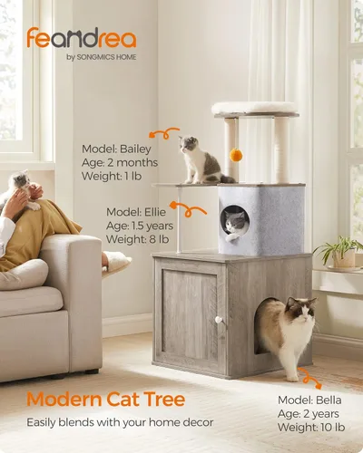 Vista 2 de Feandrea Árbol para gatos con caja de arena, torre moderna 2 en 1 para gatos de interior, condominio para gatos de 46.5 pulgadas con 2 postes