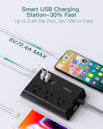 Vista 3 de Addtam Tira de alimentación con certificado ETL, cable de extensión de enchufe plano con 3 puertos USB, cable trenzado de 5 pies, regleta