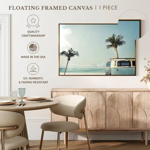 Vista 5 de ElephantStock - Retro Surf Van Wall Art - Horizontal Floating Framed Canvas - Living Room Wall Decor - Photography Beach Framed Canvas Art - Blue