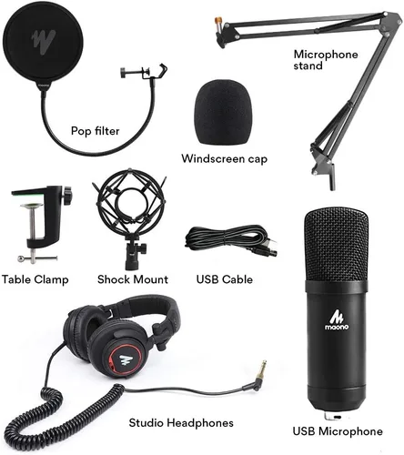 Vista 8 de MAONO Micrófono con juego de auriculares de estudio, condensador vocal de 192 kHz/24 bits, micrófono cardioide para podcast compatible con Mac