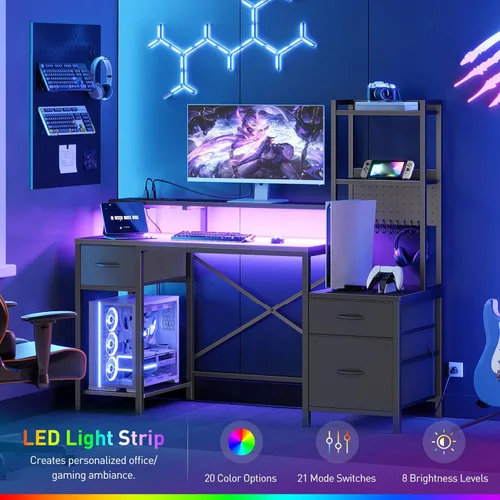 Vista 7 de RALGEND Escritorio para juegos de 55 pulgadas con toma de corriente y luz LED, escritorio para computadora con cajones de tela, estantes