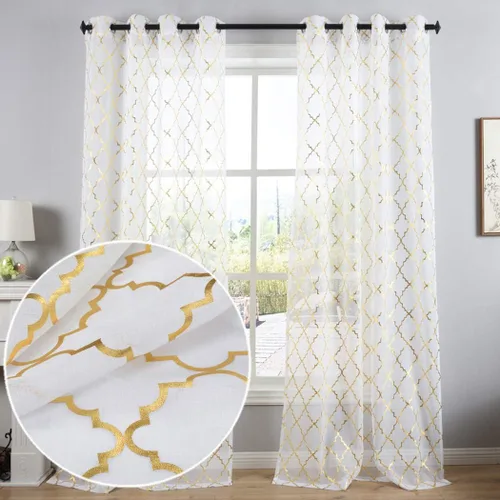 Kotile - Cortinas transparentes doradas y blancas de 63 pulgadas de largo, 2 paneles, cortinas metálicas doradas con patrón de ogee para dormitorio,