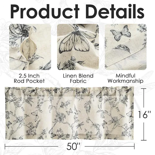 Vista 8 de Lazzzy - Cenefa de cocina negra con flores, cenefa de lino estilo casa de campo para sala de estar, baño, dormitorio, cenefas estilo country