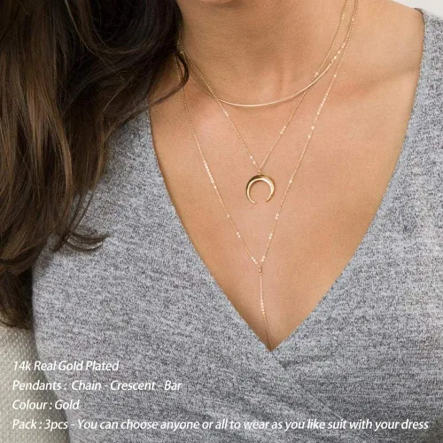 Vista 2 de Turandoss - Collares chapados en oro de 14 quilates para mujer, hechos a mano con múltiples capas de perlas de barra, moneda de disco, luna