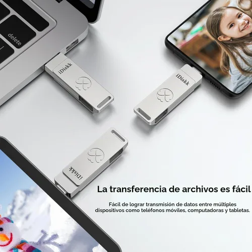 Vista 5 de iDiskk - Unidad flash USB C dual de 256 GB, 500 MB/s para iPhone, Android PC, Gen2 SSD