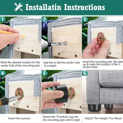 Vista 5 de 4 patas de plástico para muebles de 1-1/8 pulgadas, patas de sofá negras, patas redondas para muebles, patas de repuesto para sofá con tuercas