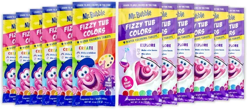 Mr. Bubble Fizzy Tub Colors - Tabletas para colorear en agua de baño, 6 colores brillantes, rojo, naranja, amarillo, morado, azul y verde, sin