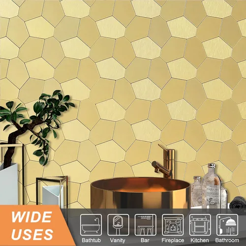 Vista 4 de VAOVI Azulejo de metal para salpicaduras de cocina, azulejos adhesivos de pared de roca para baño, chimenea (10 hojas, dorado champán)