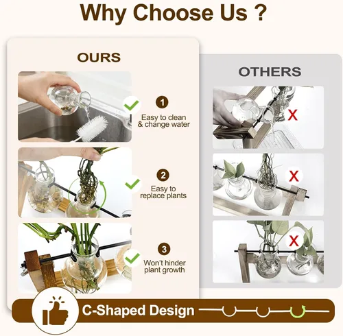Vista 3 de Renmxj Estaciones de propagación de plantas con soporte de madera y 3 jarrones de bombilla de vidrio, terrario de plantas para plantas