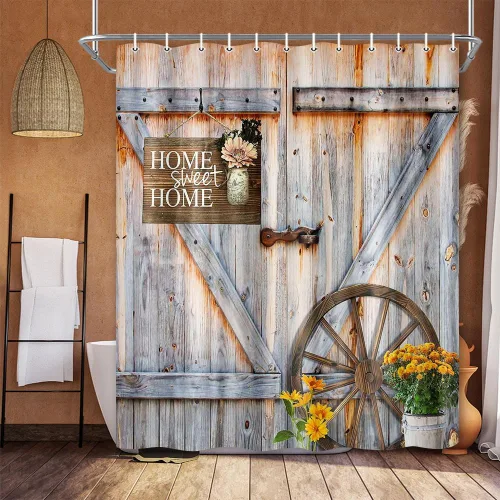 Vista 22 de Cortina de ducha de puerta de granero rústica de tamaño pequeño para baño, juegos de cortinas de decoración de baño de tablones de madera retro