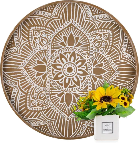 Hanobe - Gran Bandeja Redonda Decorativa: Centro de Mesa Boho para Café, Bandejas para Mesa de Café para Decoración del Hogar - Estilo Granja Rusti
