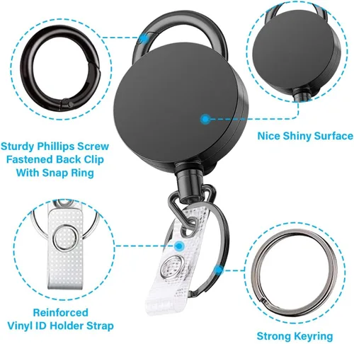 Vista 7 de Portatarjetas retráctil con clip para cinturón y llavero, resistente al agua, soporte vertical para tarjetas de identificación de metal 2, cable