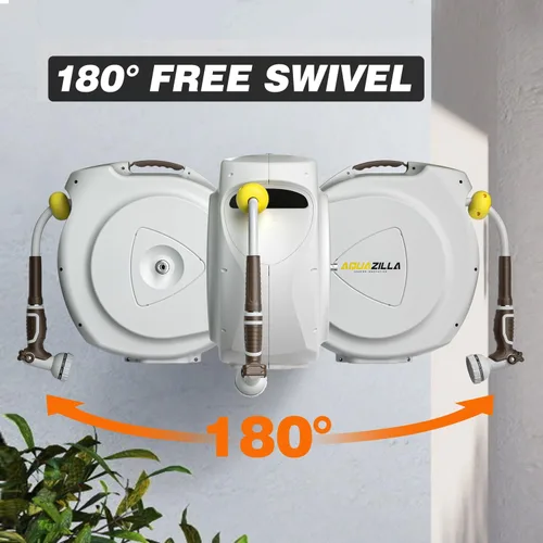 Vista 4 de Carrete de manguera de jardín retráctil, 1/2 pulgada 75+6 pies, carrete de manguera de agua montado en la pared resistente, rebobinado automático