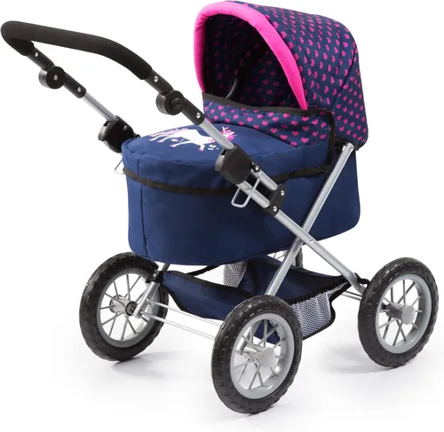 Vista 5 de Bayer: Cochecito de moda – azul, rosa, corazones, incluye bolsa de hombro, se adapta a muñecas de hasta 18 pulgadas, mango ajustable, juego