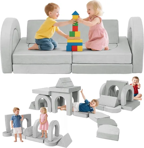 Vista 16 de Sofá modular de juego para niños, 13 piezas, sofá de espuma de alta densidad, muebles de sala de juegos convertibles con funda de terciopelo suave