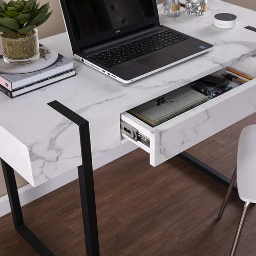 Vista 9 de SEI Furniture - Escritorio moderno de mármol sintético Rangley - Diseño moderno, hierro blanco y madera - Ideal para oficina en casa, dormitorio