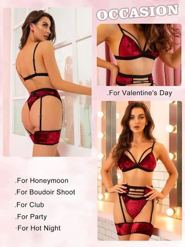 Vista 4 de Popiv Lencería sexy para mujer conjunto de lencería de encaje con tiras de cintura alta lencería de malla transparente