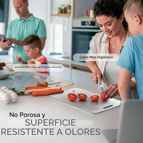 Vista 8 de Tablas de cortar de acero inoxidable para cocina, tabla de cortar de acero inoxidable con ranuras para jugo, doble cara, paquete de 3 tamaños