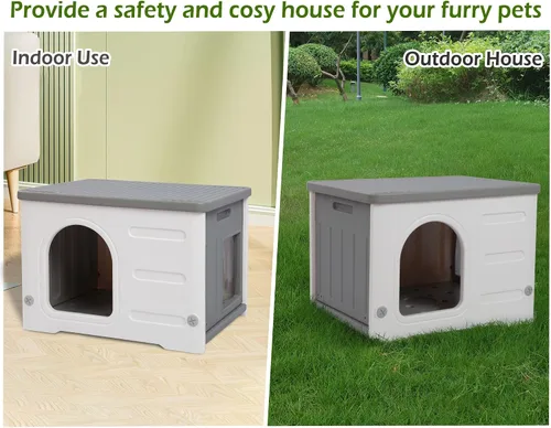 Vista 8 de Casa impermeable del gato para los gatos al aire libre, casa plástica del gato feral con escape con puerta de escape y alfombra suave, refugio