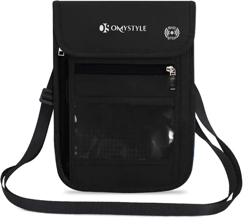 Soporte para pasaporte con bloqueo RFID, bolsa de viaje para el cuello para mujeres y hombres para mantener efectivo y documentos seguros, Negro,