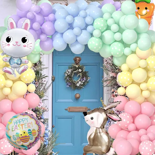 Vista 6 de Yumiche Arco de globos de Pascua, arco de globos de primavera, arco Ki con globos pastel, globos de papel de aluminio de conejo y zanahoria
