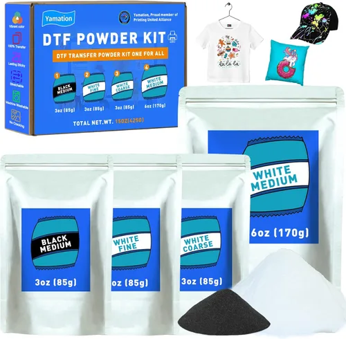 Kit de polvo DTF, polvo adhesivo DTF incluye polvo de transferencia DTF fino medio grueso, blanco negro DTF adhesivo termofusible se aplica a todas