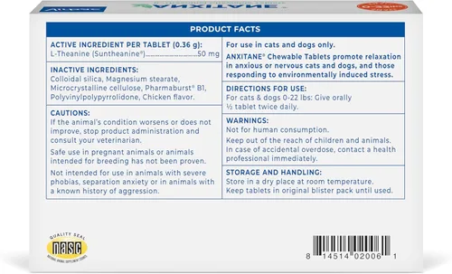 Vista 3 de Virbac ANXITANE (L-Teanina) Tableta masticable - Promueve la relajación para el comportamiento ansioso - Perro/Gato pequeño < 22 libras