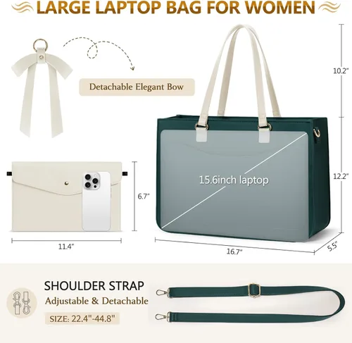 Vista 5 de RAINSMORE Bolsa para laptop para mujer, bolsa de trabajo de 15.6 pulgadas, bolsa de cuero para laptop, bolsa impermeable para computadora verde