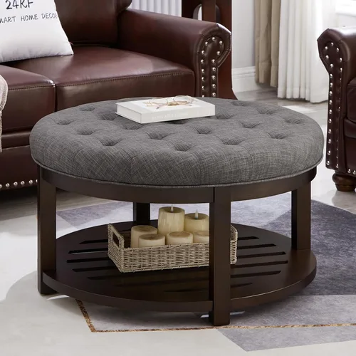 Vista 13 de 24KF Mesa de centro otomana grande tapizada redonda de lino, reposapiés grande con estante de madera, color carbón