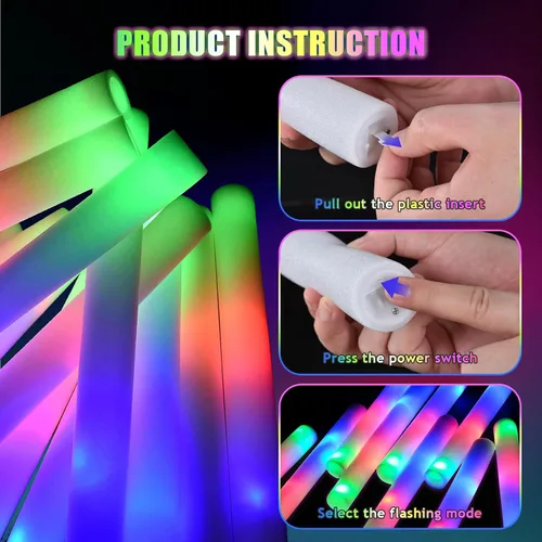 Vista 5 de 30 varillas de espuma iluminadas a granel, suministros de fiesta que brillan en la oscuridad con 3 modos intermitentes, varitas brillantes
