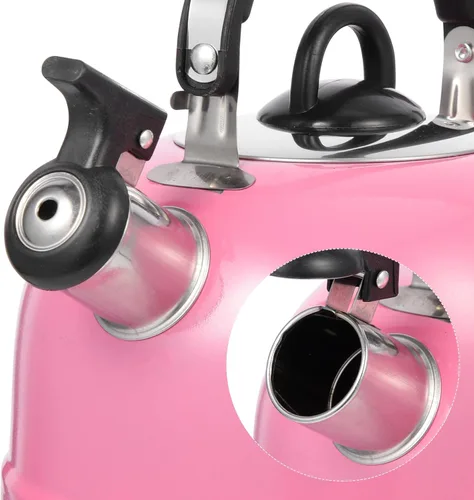 Vista 9 de Hervidor de té silbante de acero inoxidable, olla de agua caliente esférica rosa con mango ergonómico, tetera superior para estufa para el hogar