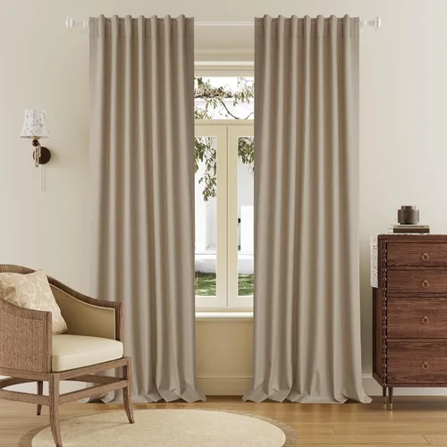 Vista 8 de Cortinas opacas de lino óxido de 108 pulgadas de largo, juego de 2 paneles para sala de estar, opacas, privacidad, pestaña trasera, aislamiento