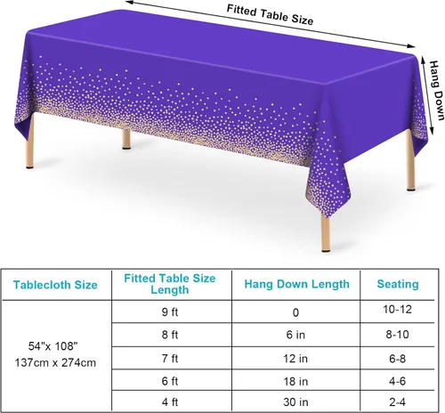 Vista 7 de 2 manteles de plástico morado y dorado para mesa rectangular de 8 pies, 54 x 108 pulgadas, fundas desechables de mesa de fiesta con lunares dorados