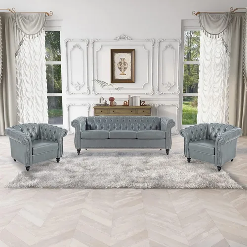 Vista 13 de Muebles de sofá Chesterfield de tela de 85 pulgadas, sofá tapizado con respaldo copetudo, brazo enrollable, sofá Chesterfield clásico para sala