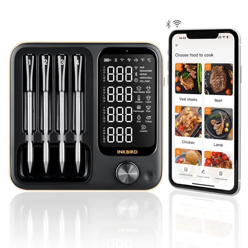 Termómetro inalámbrico de carne con 4 sondas, Termómetro de carne INKBIRD WiFi digital inalámbrico para horno con parrilla rotisserie, Termómetro