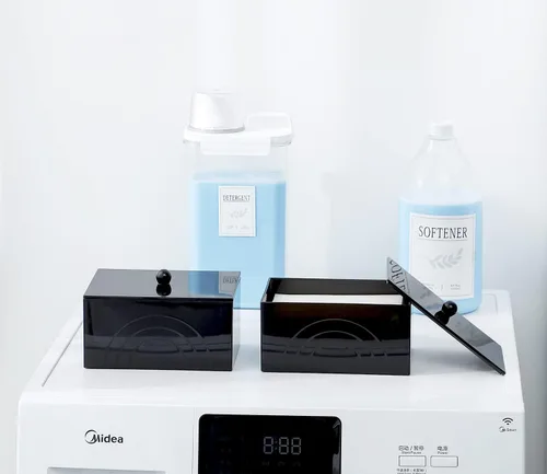 Vista 4 de zoocatia Porta hojas para secadora de lavandería, contenedor de cápsulas de detergente transparente, dispensador de bolas de secadora con tapa, caja