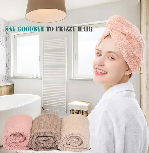 Vista 6 de ELLEWIN Paquete de 3 toallas para el cabello, turbante de ducha de microfibra con botones, toallas de pelo súper absorbentes de secado rápido