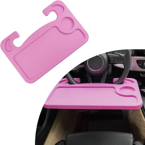 Vista 9 de Dickno Escritorio para volante de automóvil, bandeja multiusos para volante con soporte para bebidas, bandeja de comida para volante para comer